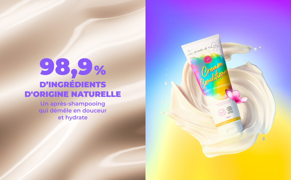 Le texte indique « 98,9 % ». Image divisée montrant la texture du tissu beige à gauche et un dégradé de couleurs éclatantes avec l'emballage du produit à droite.
