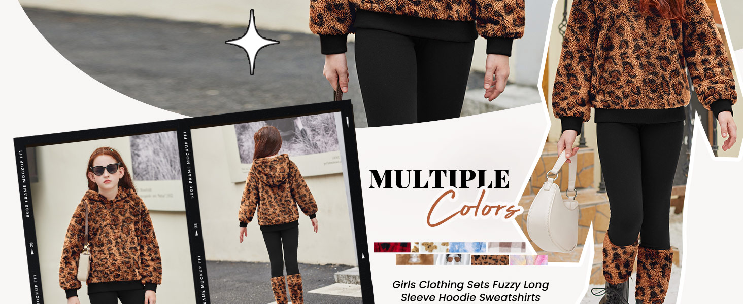 Der Text lautet „MEHRERE Farben“. Modische Produktausstellung, die Kleidungsstücke mit Leopardenmuster auf mehreren Fotos zeigt, einschließlich Modellaufnahmen und Produktdetails.