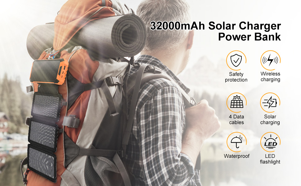 Solar Power Bank, 32000mAh Solar Portable Charger with Camping LED Lamp