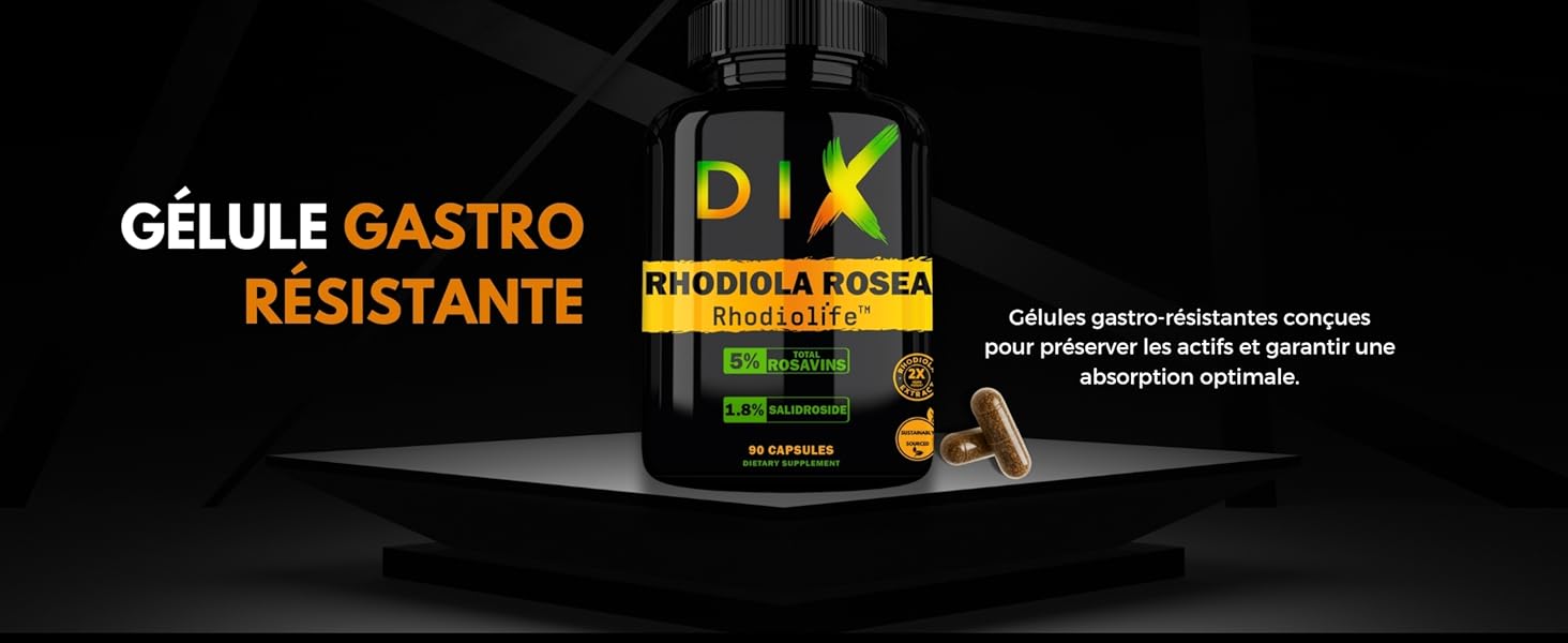 Flacon noir de complément alimentaire DX Rhodiola Rosea. L'étiquette du produit indique 60 capsules. Capsules gastro-résistantes visibles au premier plan. Fond foncé avec texte d'accent orange.
