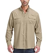 Long-sleeved khaki outdoor shirt with button-down collar, two chest flap pockets, and full button front closure. Made from lightweight technical fabric.