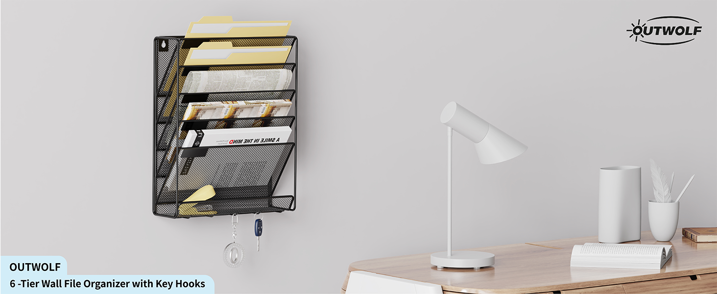 OUTWOLF Hanging Wall File Organizer with Hooks, 6 Tier
