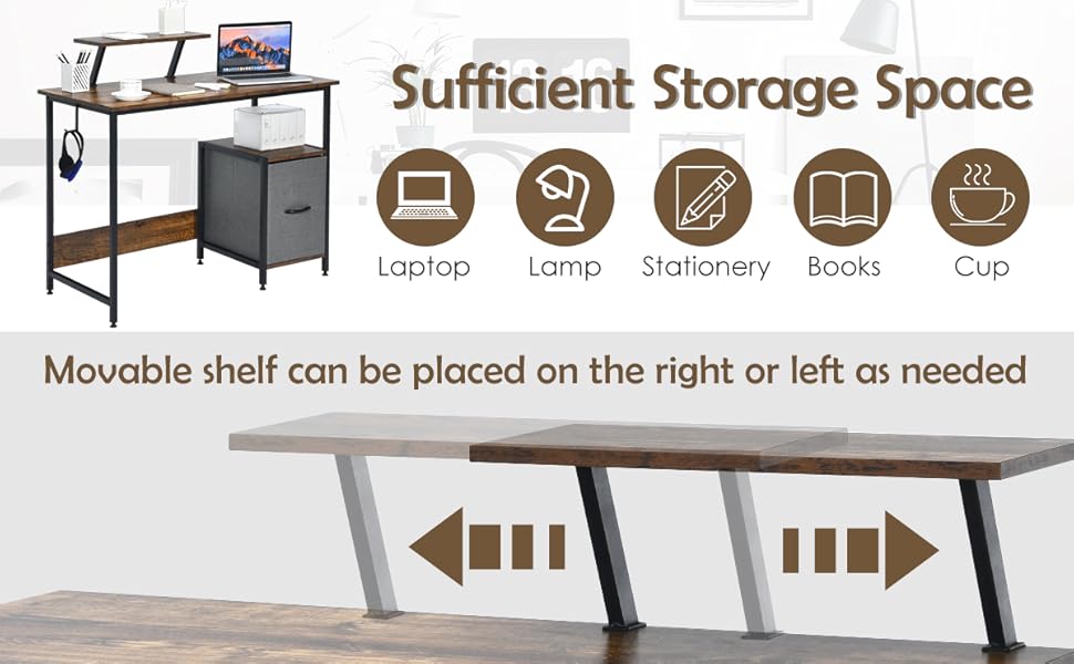 COSTWAY Computer Desk With Side Storage Drawer, Movable Monitor Stand And Hook, Industrial PC Laptop Table Writing Workstation, Home Office Bedroom Work Study Desk 12 2