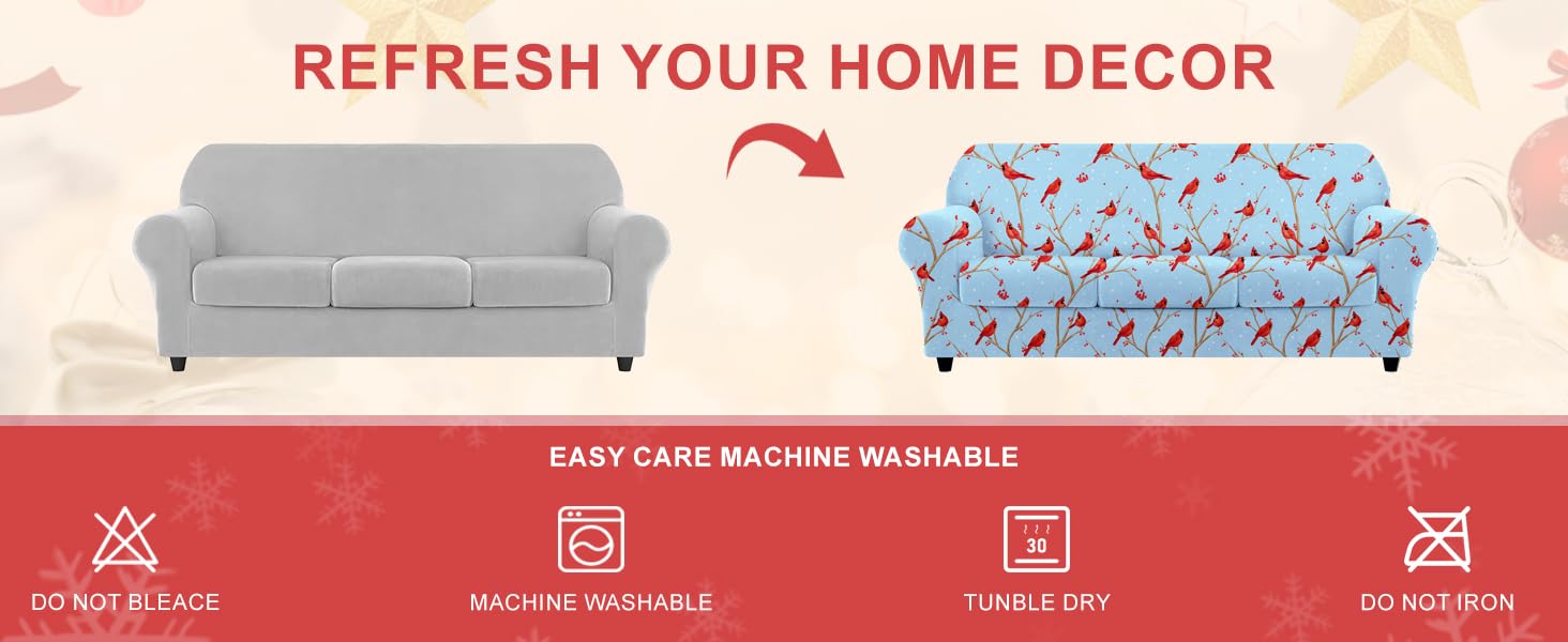 Arquiel Christmas Red Flower Stretch Sofa Cover, 4 Pieces