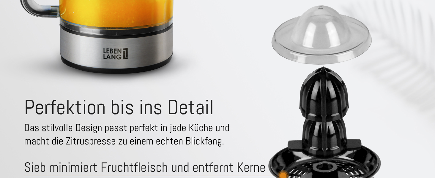 Zitruspresse mit Edelstahlboden, transparentem gelbem Behälter und schwarzem Kunststoffkegel. Abgebildete separate Komponenten: Deckel, Saftkegel und Sieb. Der deutsche Text beschreibt seine Merkmale.