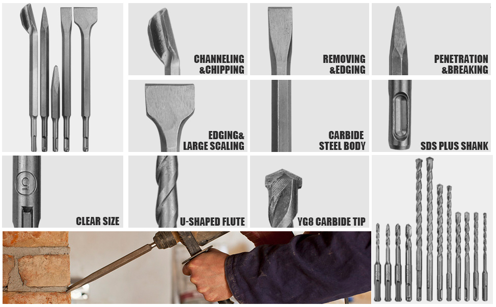 wesleydrill 17PCS Rotary Hammer & Chisels Masonry Drill Bit Set, SDS Plus Drill Bits