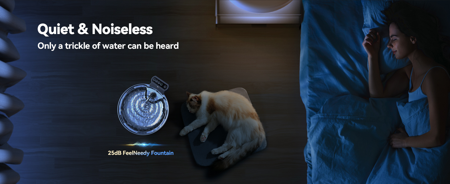 Pet water fountain with illuminated circular design, advertised as 'Quiet & Noiseless' with text stating 'Only a trickle of water can be heard'.