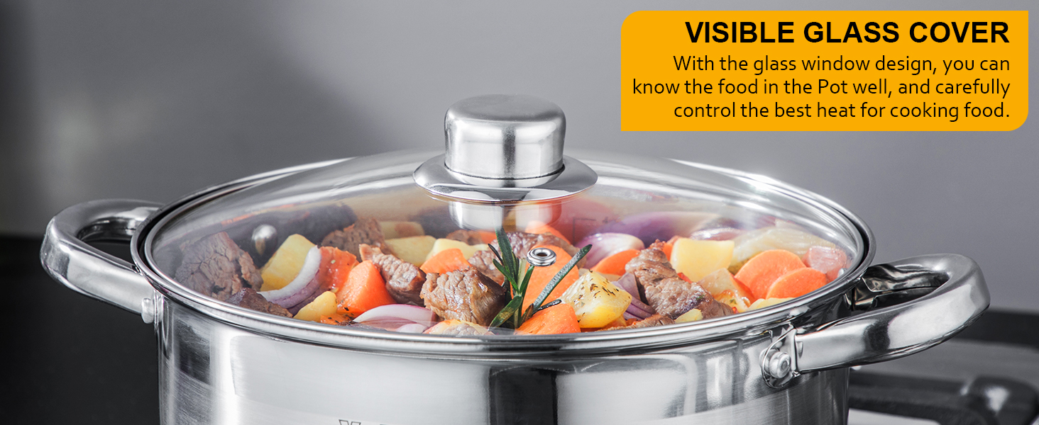 Stainless steel pot with glass lid, filled with various vegetables and meat. Text highlights 'VISIBLE GLASS COVER' feature for monitoring cooking.