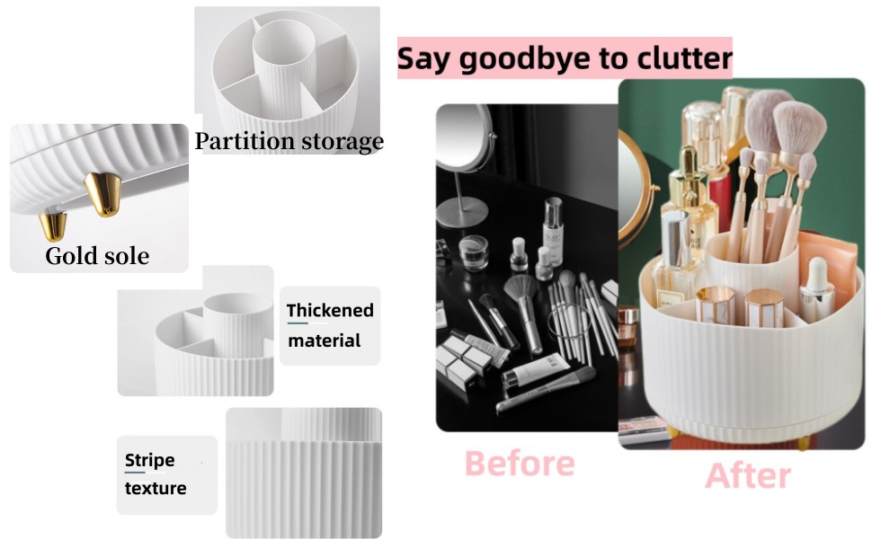White cylindrical makeup organizer with partitions. Features gold base, stripe texture, and thickened material. Before and after images show cluttered vs. organized cosmetics.