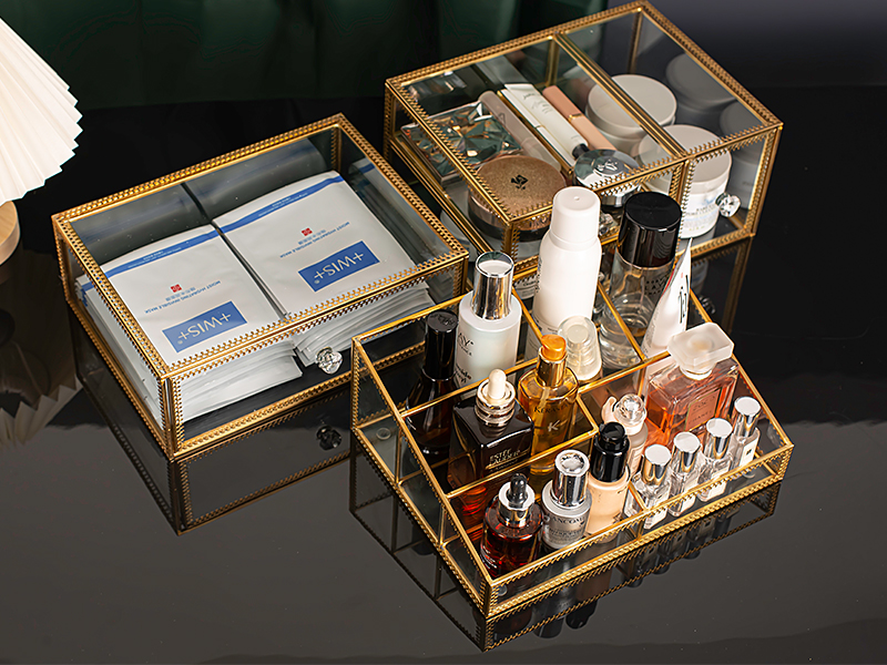 4PCS Gold Glass Makeup Organizers with Drawers and Glass