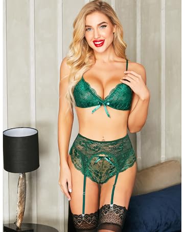 Avidlove Women Lace Lingerie Set with Garter Belts Strap Babydoll Bralette Bra and Panty Set