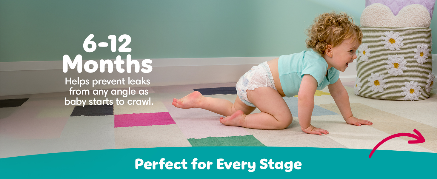 Perfect for every stage. 6-12 months, helps prevent leaks from any angle as baby starts to crawl.
