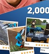 que muestra herramientas de jardinería azules que incluyen un rociador y una manguera. Las opiniones de los clientes son visibles con valoraciones de 5 estrellas y comentarios «agradables».