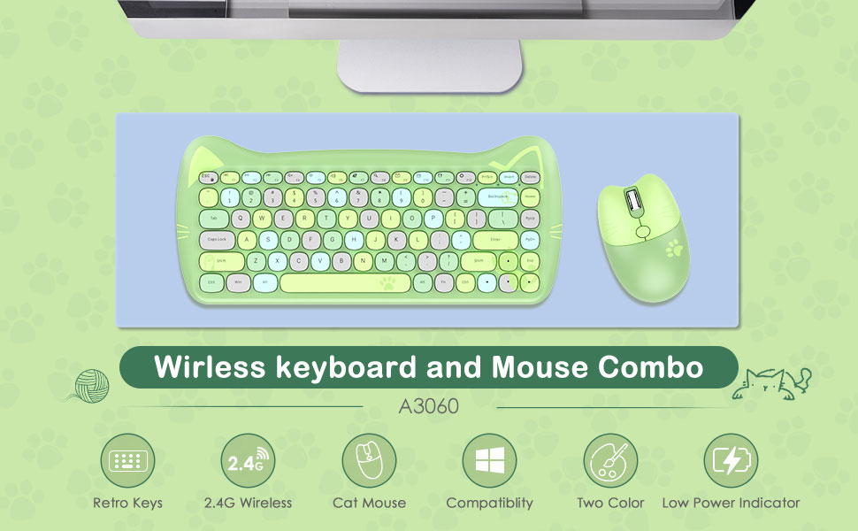 Wireless Keyboard Mouse Combo,2.4GHz Wireless Retro Cute Cat Keyboard