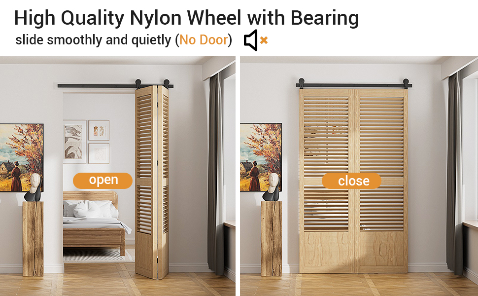 Schiebetürsystem mit Radlagern aus Nylon. Der Vergleich aus zwei Paneelen zeigt die offenen und geschlossenen Positionen von Holzlamellentüren auf einer schwarzen Schiene