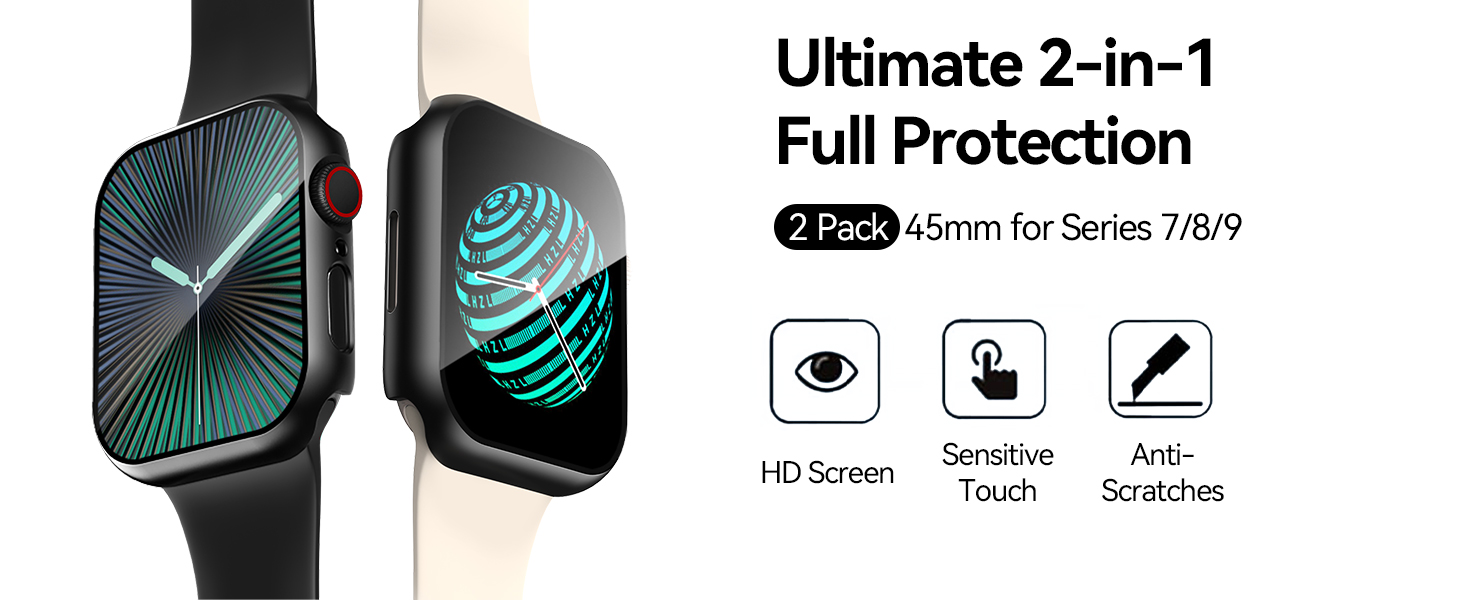 Smiling 2 Pack Case Compatible with Apple Watch Series 9/8 /7 45mm withTempered Glass Screen Protector, Hard PC Case Overall Protective Cover- Black 2 apple watch screen protector 45mm
