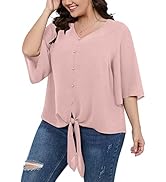 SCOMCHIC Women's Plus Size Blouses V Neck Tops 3/4 Sleeve Tie Knot Casual False Button Down Shirt...