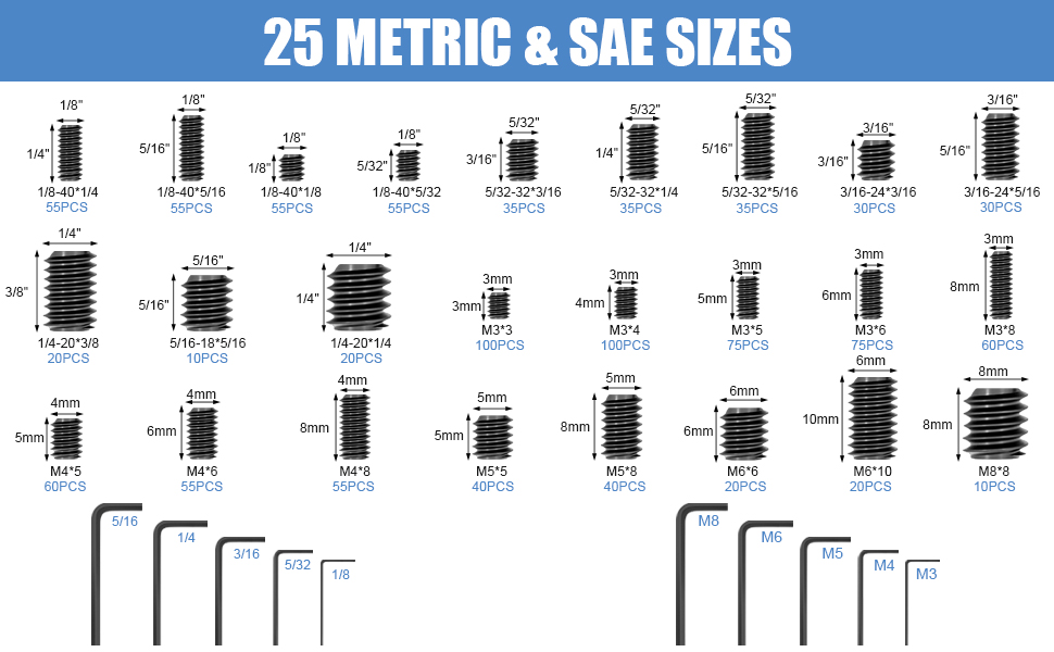 familysanセット 1145PCS 25 Sizes Metric & SAE Set Screw Assortment Kit,12.9