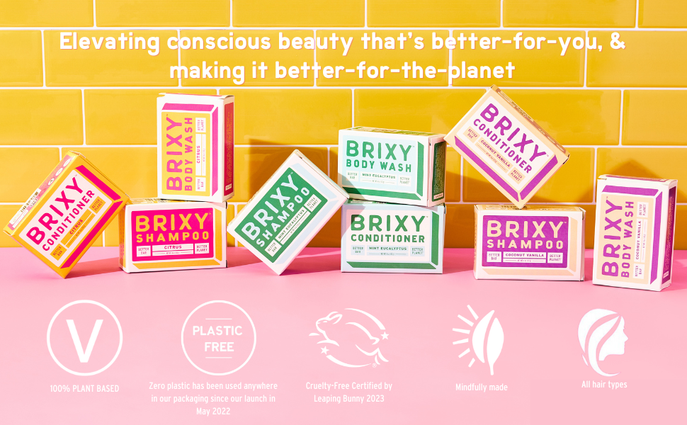 All BRIXY products in a row with feature icons Vegan, Cruelty-Free, Plastic-Free