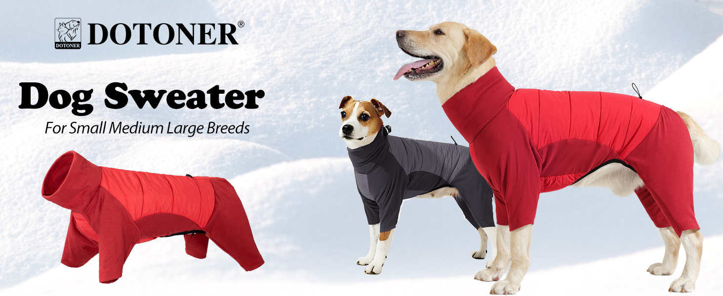 Dotoner Waterproof Dog Coat with Legs Fleece Windproof Winter Dog Jacket with Quilted Back & High Elasticity Chest Legs Warm Onesie Jumper with harness hole for Small Medium Large Canine 9 Text reads 'DOTONER' and 'Dog Sweater'. Product images showing red dog sweater worn by small dogs from multiple angles.