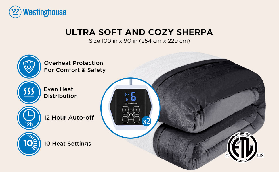 Westinghouse Heated Blanket King Size, Electric Heating Blanket with 10 Heating