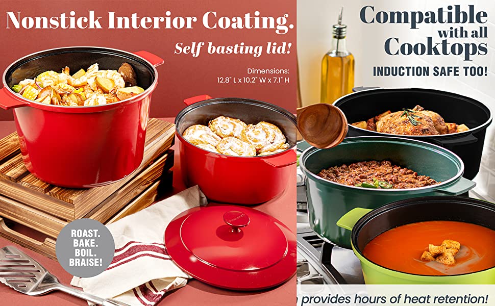 Granitestone Lightweight Dutch Oven Pot with Lid, 6.5 Qt Nonstick Dutch Oven Stock Pot, 10 in 1