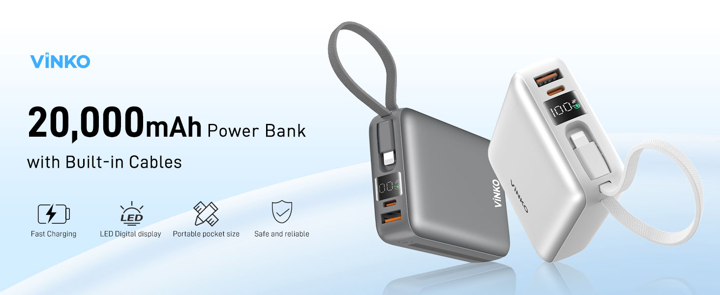 ViNKO 20,000mAh power Bank with Built-in Cables