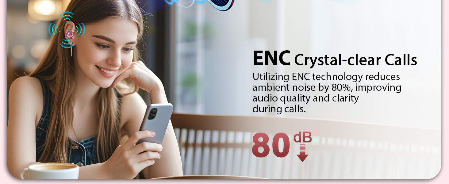 Woman using smartphone with wireless earbuds. Text highlights ENC technology for crystal-clear calls, reducing ambient noise by 80% and improving audio quality during calls.