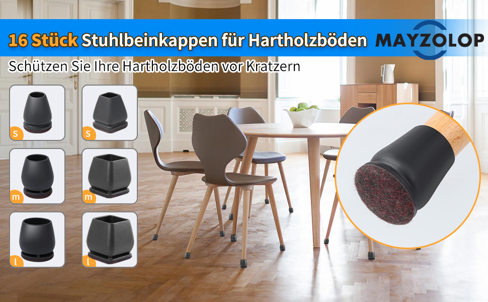 Pack of 16 Protective Caps for Chair Legs, Chair Leg Caps with Felt for