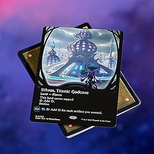 Trading or gaming cards with fantasy artwork featuring a castle and crown imagery against a purple-blue atmospheric background.