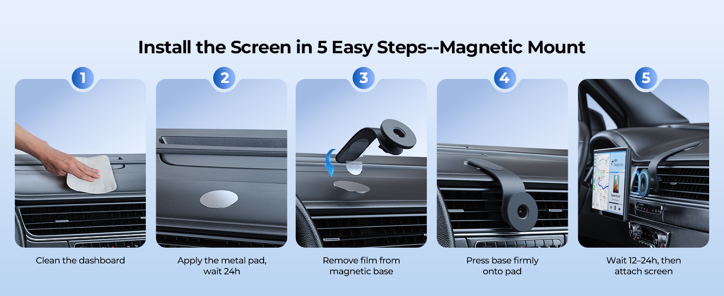 Installation guide for a magnetic car phone mount. Five steps shown: cleaning surface, attaching base, positioning mount, installing phone holder, and attaching phone to completed mount.