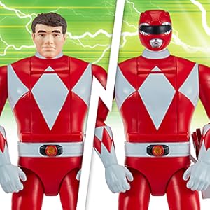 Two Red Power Ranger action figures shown against green background, featuring diamond pattern on chest and white gloves.