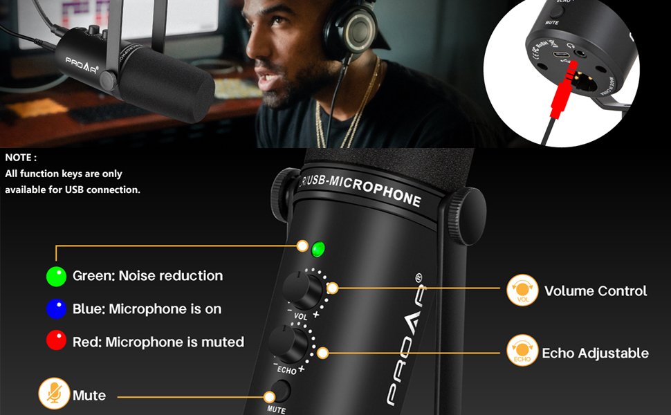 PROAR XLR/USB Dynamic Microphone, PC Computer Microphone for Podcasting
