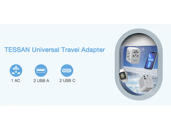TESSAN Universal Travel Adapter with 1 AC outlet and 4 USB ports (2 USB-A, 2 USB-C). White adapter shown with international plug compatibility icons.