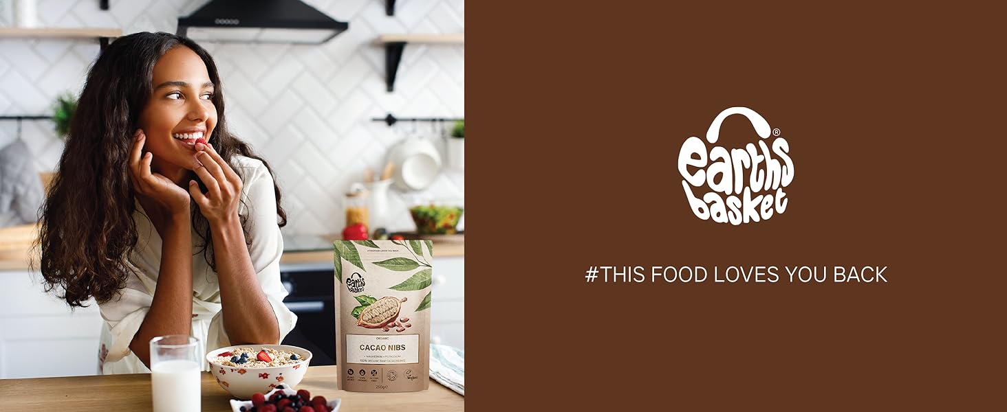 Earths Basket Organic Cacao Nibs, 250g, High in Potassium, Magnesium
