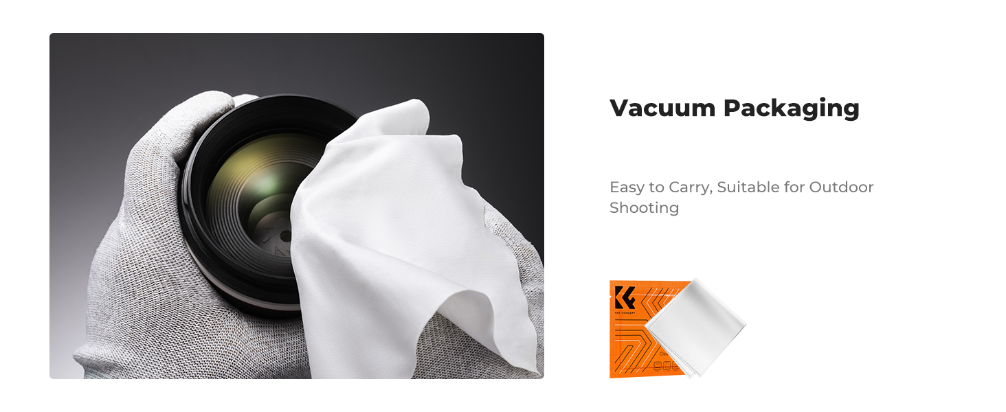 Camera lens partially covered by white microfiber cloth. Text indicates 'Vacuum Packaging' and 'Easy to Carry, Suitable for Outdoor Shooting'. Orange packaging corner visible.