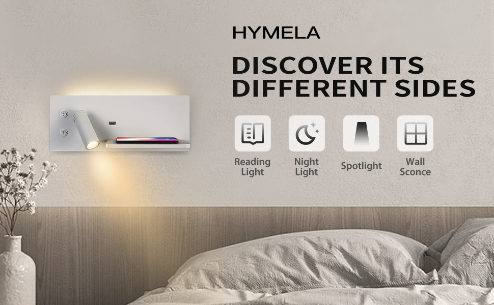 HYMELA Wall Mounted Reading Light with Wireless Charging