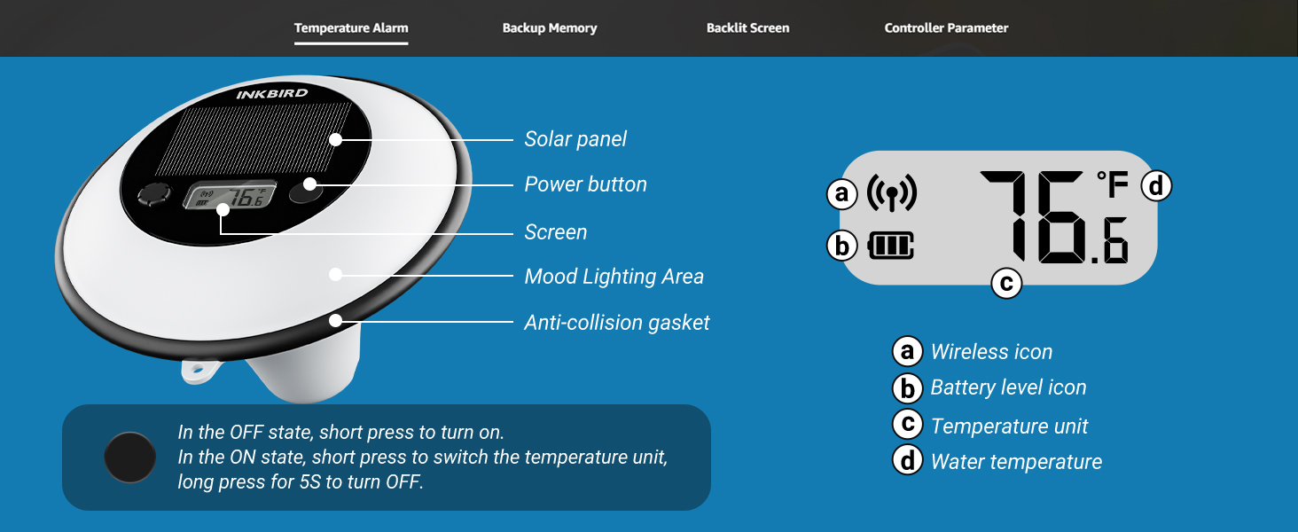 INKBIRD IBS-P05R Solar Wireless Pool Thermometer Ambient Light Digital Swimming Pool Thermometer