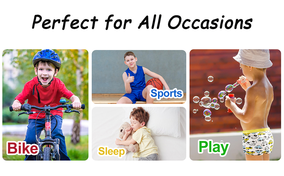 Collage of four lifestyle images showing activities: biking, sports, sleeping, and playing with bubbles, with text 'Perfect for All Occasions' above.