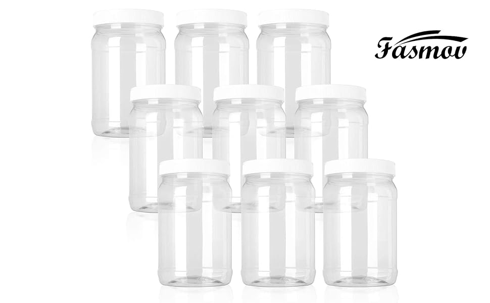Fasmov 9 Pack 32 Oz Plastic Jars with Lids, Wide Mouth Clear Empty