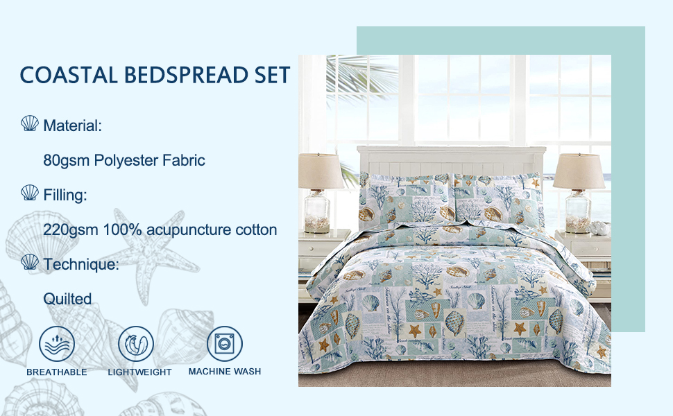 Ycosy Coastal Quilt Set King Size Ocean Themed Bedding