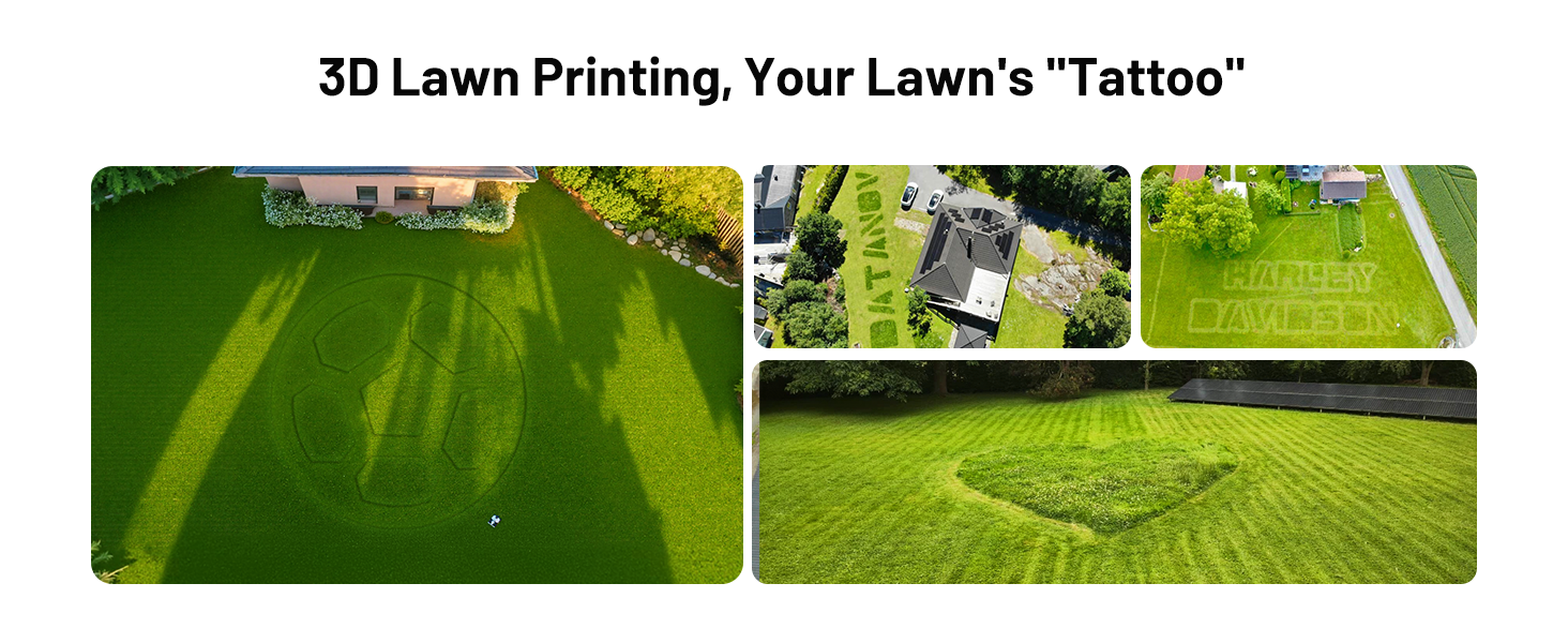 Composite of lawn images showing intricate patterns mowed into grass, demonstrating '3D Lawn Printing' technique for decorative lawn designs.