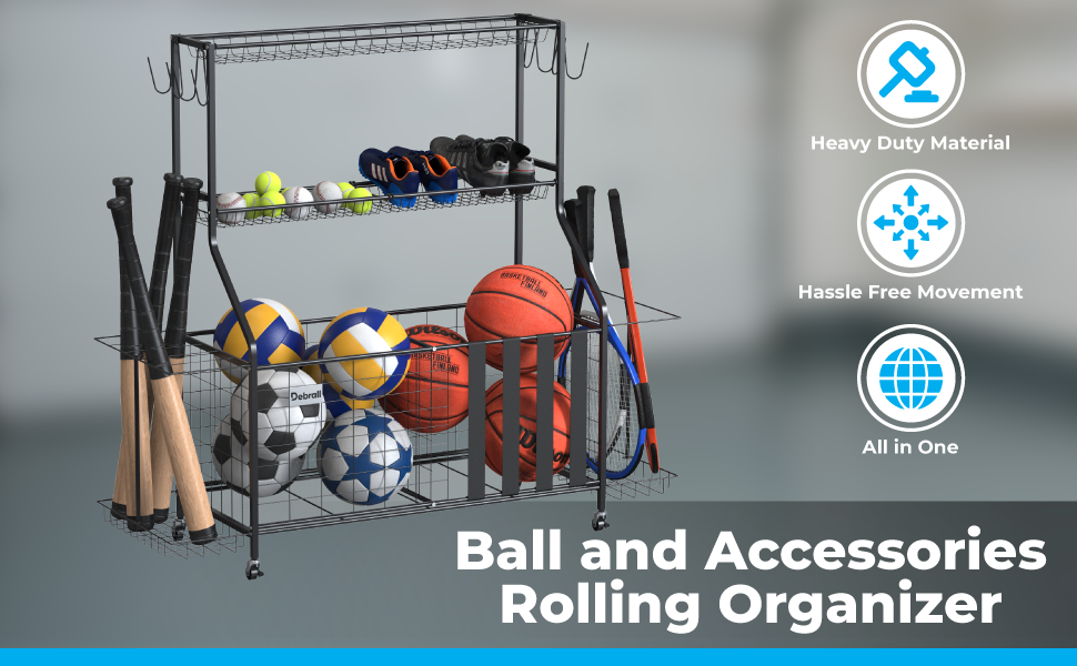 sports equipment storage organizer cart rolling hooks basket bicycle rack balls accessories rackets