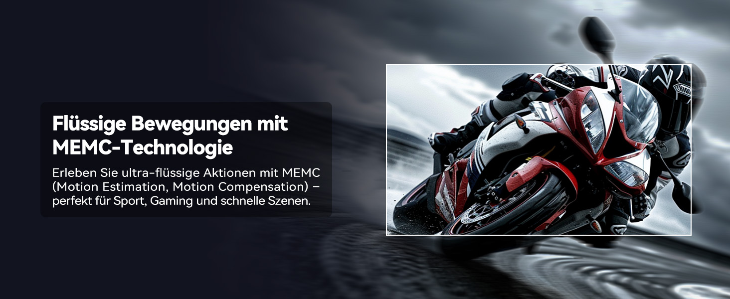 TV, auf dem ein Rennmotorrad in Aktion gezeigt wird. Auf der Texteinblendung steht „Flüssige Bewegungen mit MEMC-Technologie“. Darin wird die Technologie für reibungslose Bewegungen für schnelle Inhalte beschrieben