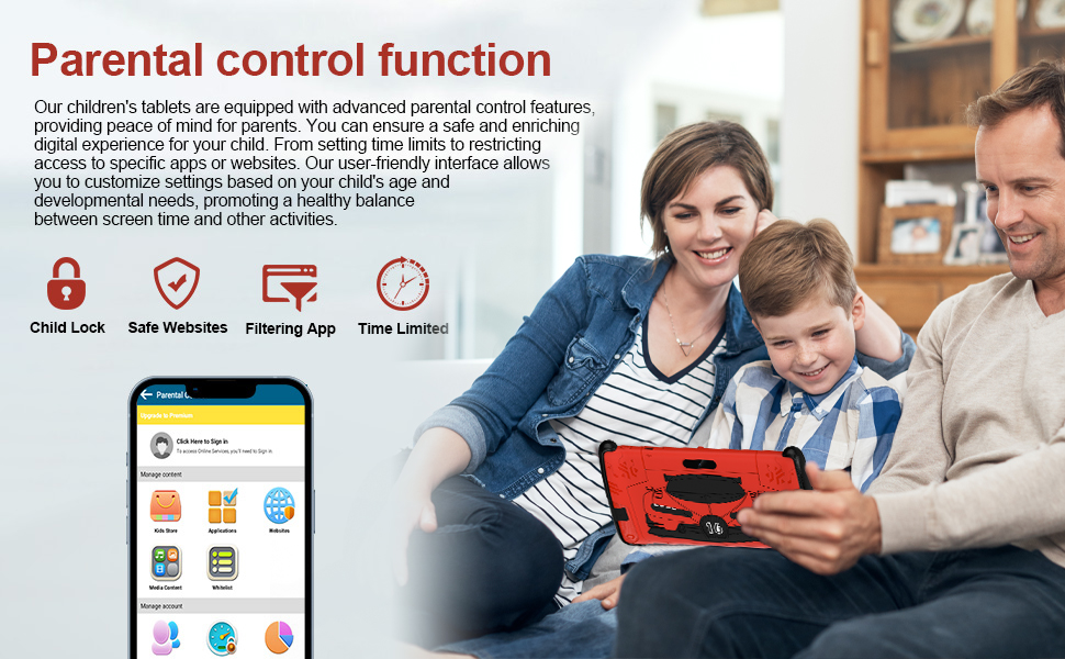 Text reads 'Parental control function'. Collage showing smartphone interface and family settings screens, depicting parental control features and monitoring capabilities.