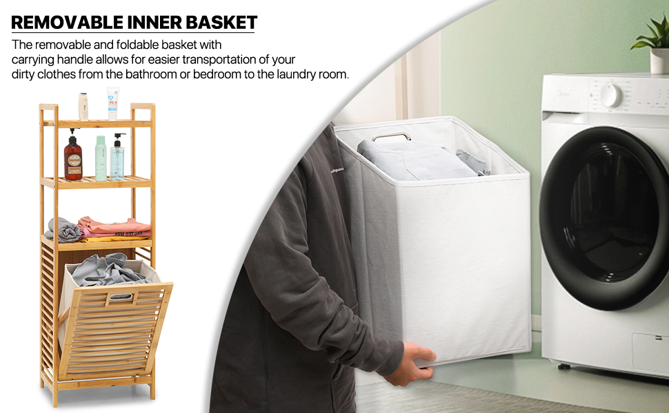 MoNiBloom TiltOut Hamper for Laundry 3Tier Bamboo Pull