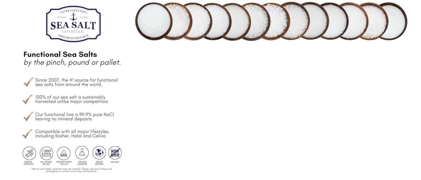 Functional sea salts, by the pinch, pound, or pallet.