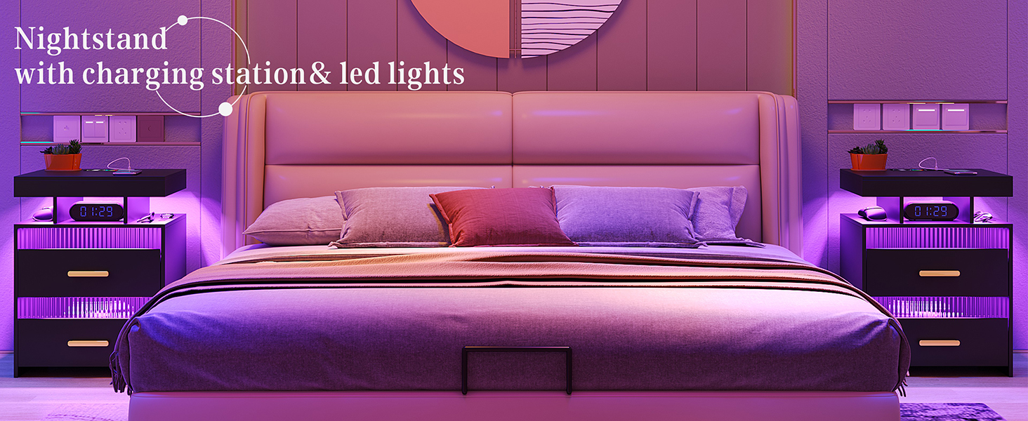 Dystler Black Bedside Table with Charging Station All in One