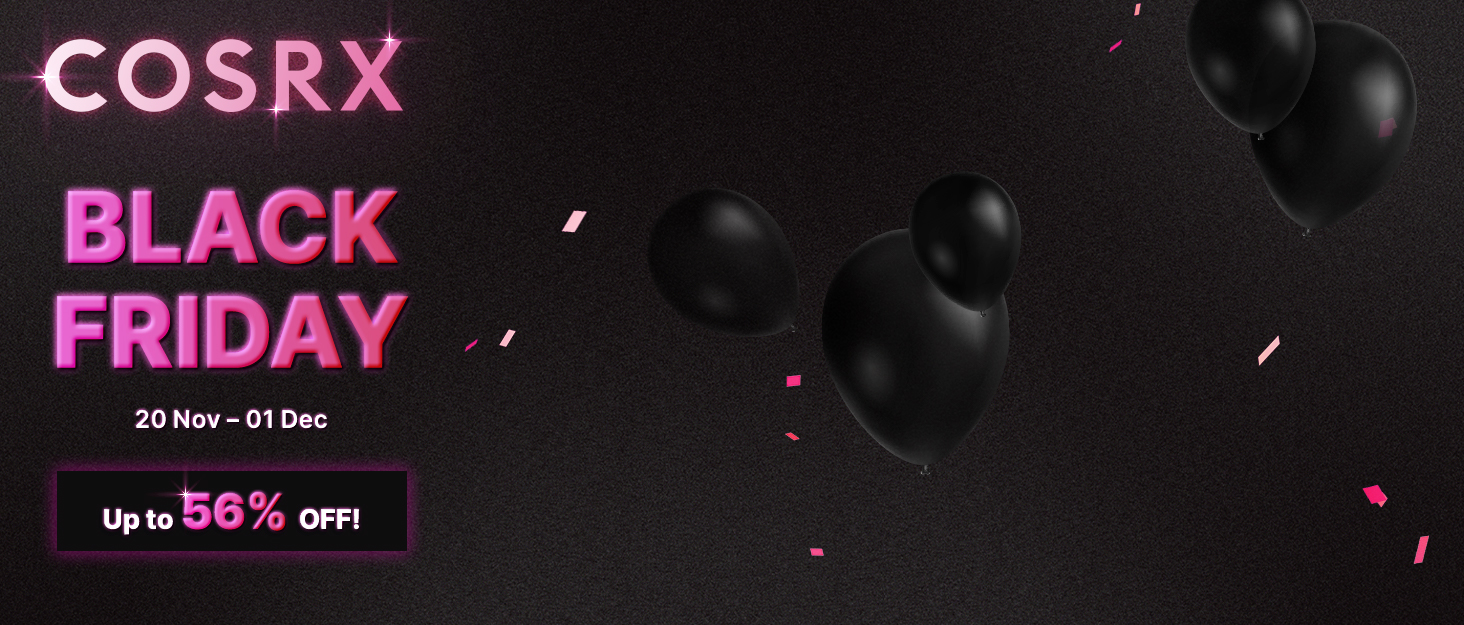 Text reads 'BLACK FRIDAY' and 'COSRX' with 'Up to 50% OFF' in bright pink text against dark background.