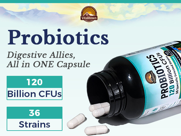 Vitalitown Max Strength Probiotics contains 120 billion CFUs, 36 selected probiotics strains